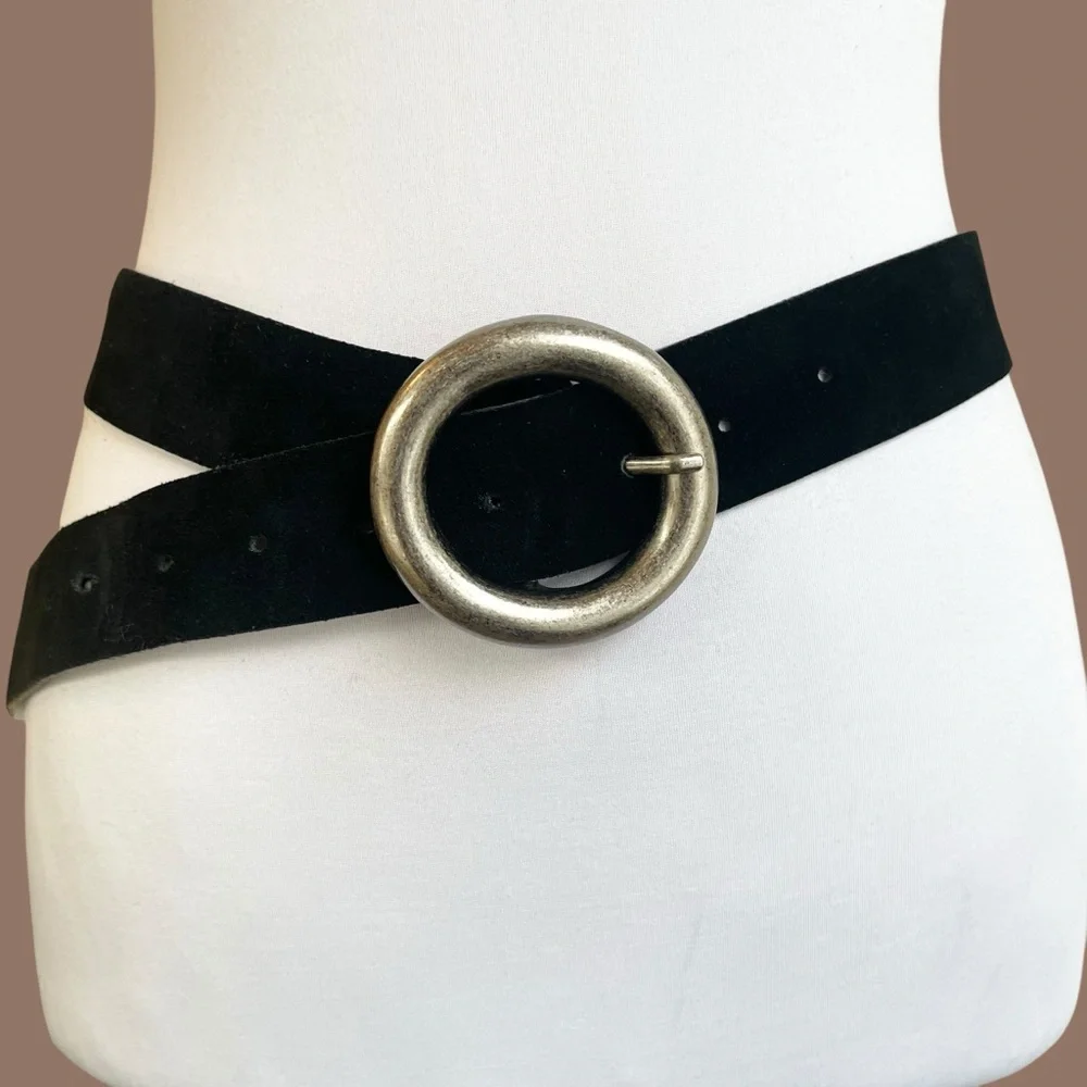 Black Suede Belt Wide Waist Circle Buckle Size S/M